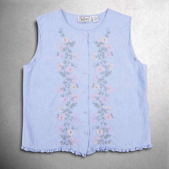 Tantrums Pastel Blue Embroidered Sleeveless Shirt - Picture 1 of 8